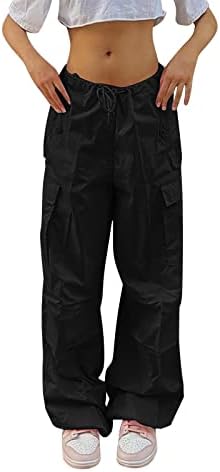 Kargo Pantolon Kadın Baggy Y2K Düz Geniş Bacak dinlenme pantolonu Cep ile Düşük Bel İpli Paraşüt Pantolon Kadınlar için