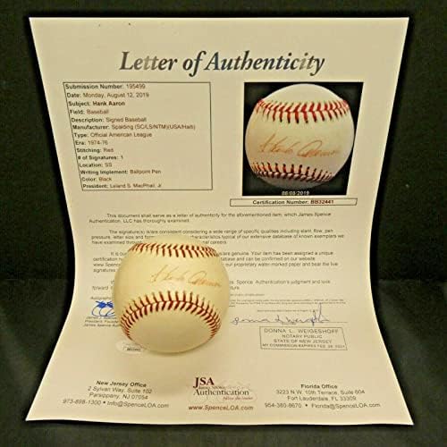 1975 Hank Aaron Vintage, Tam JSA Mektubu İmzalı Beyzbol Toplarıyla Amerikan Beyzbol Ligi'ni İmzaladı