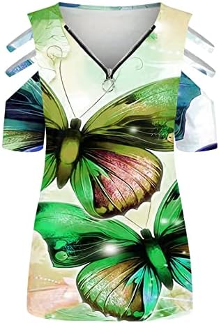 Kadınlar için yaz Üstleri, kadın Soğuk Omuz T-Shirt Gevşek Fit Kısa Kollu Tees Fermuar V Boyun Moda Gömlek Bluzlar