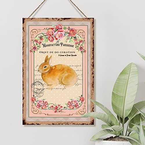 Swavecat Ahşap İşareti Pembe Gül Çiçek Çelenk Tavşan İşareti Fransız Vintage Tarzı paskalya tavşanı Ahşap Dekorasyon İşaretleri