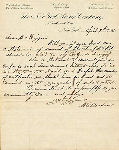 W. C. Andrews tarafından imzalanmış mektup