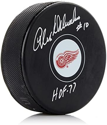Alex Delvecchio Detroit Red Wings, HOF Not İmzalı NHL Diskleriyle Hokey Diski İmzaladı
