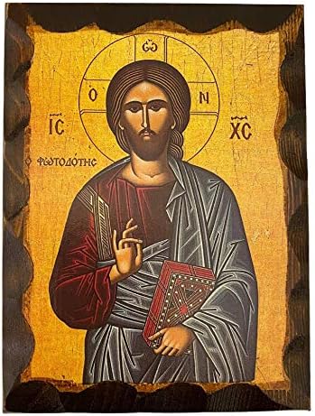 El yapımı Yunan Hıristiyan Ortodoks Ahşap simgesi İsa Mesih Fotodotis (16X12 cm veya 6. 3X4. 7 inç) katı ahşap