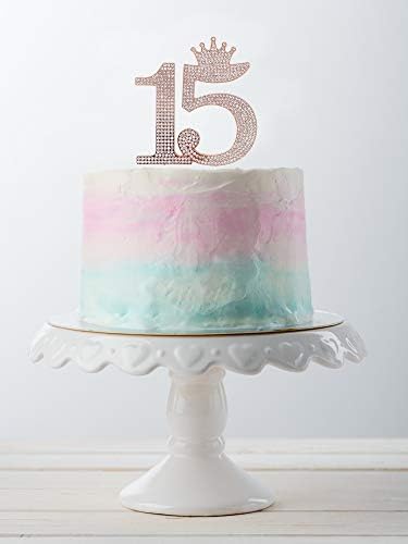 Numarası 15 Quinceanera Rhinestone Prenses Taç Monogram Kek Topper-Tatlı 15th Doğum Günü Partisi (Gül Altın)