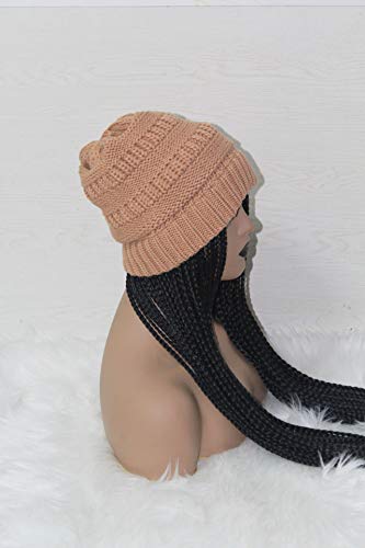 Ekli kutu örgüler saç uzatma ile BENEFLY sıcak yumuşak streç kablo örgü bere şapka (siyah örgüler ile haki bere)