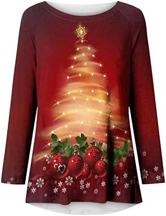 Akklıan kadın Komik Noel Ağacı Baskı Gevşek Kazak Bluz Grafik Sevimli Yumuşak Uzun Kollu Yuvarlak Boyun Hem Tunik Tshirt