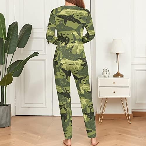 Kamuflaj Köpekbalığı Desen kadın Pijama Seti 2 Parça Yumuşak Pijama Uzun Kollu Loungewear