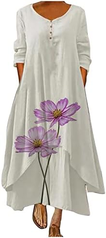 Kadın Çiçek Baskı Üç Çeyrek Kollu Flowy Parti Maxi Elbiseler Gevşek Kıyafetler Katmanlı Tatil Elbiseler