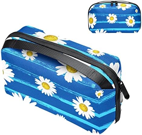 Taşıma çantası Seyahat kılıf çanta USB kablo düzenleyici Cep Aksesuar Fermuar Cüzdan, Mavi Çizgili Beyaz Papatya Çiçek