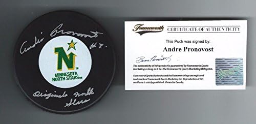 Andre Pronovost İmzalı ve Yazılı Minnesota Kuzey Yıldızları Puck Frameworth ORTAK İmzalı NHL Diskleri