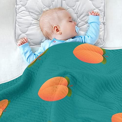 Kundak Battaniyesi Şeftali Desenli Turuncu Meyveler Bebekler için Yeşil Pamuklu Battaniye, Battaniye Alma, Beşik, Bebek Arabası,