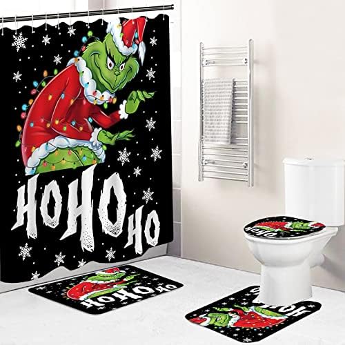 Merry Christmas Banyo 4 Parçalı Set, Duş Perdesi, Kaymaz Halı, Klozet Kapağı ve Banyo Paspası Grinch Noel Tatili Banyo Dekoru