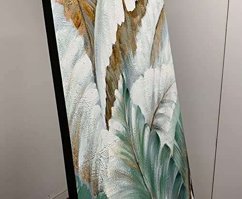 24X48 inç El-Boyalı Soyut Muz Yaprağı Yağlıboya Tuval üzerine Beyaz Altın Akrilik Boyama Yeşil yapraklar Duvar Sanatı Tropikal