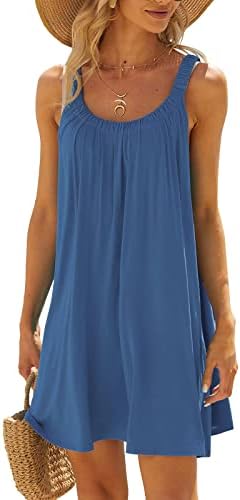 ticcoy Yaz Kolsuz Mini Elbise Kadınlar için U Boyun Pileli Katı Elbiseler 2023 Gevşek Casual Sundress Beachwear