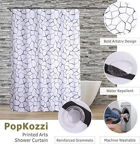 Popkozzı Siyah Beyaz Duş Perdesi: Su Geçirmez Yıkanabilir Ağırlıklı Geometrik Duş Perdesi Kancalı ve Grometli Set - 72x72