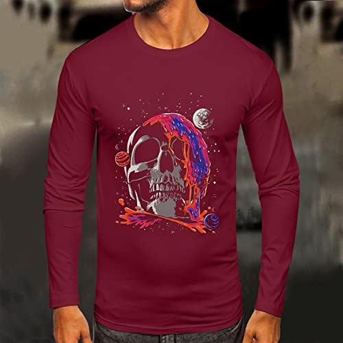 ZDDO erkek Uzun Kollu T-Shirt Sonbahar Slim Fit Galaxy Uzay Kafatası Baskı Crewneck Tee Üstleri Atletik Spor Rahat T Shirt