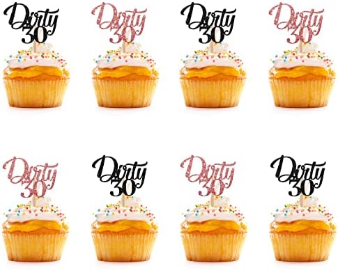 Kirli 30 Cupcake Toppers, Siyah ve Gül Altın Glitter Mutlu 30th Doğum Günü Cupcake Seçtikleri, kek Süslemeleri için 30th