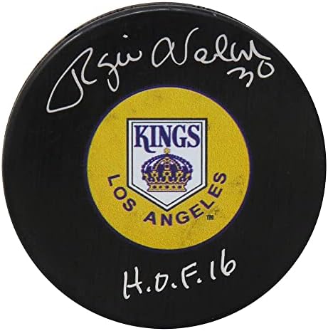 Rogie Vachon İmzaladı Los Angeles Kralları Sarı Gerileme Logosu Hokey Diski w / HOF'16-İmzalı NHL Diskleri