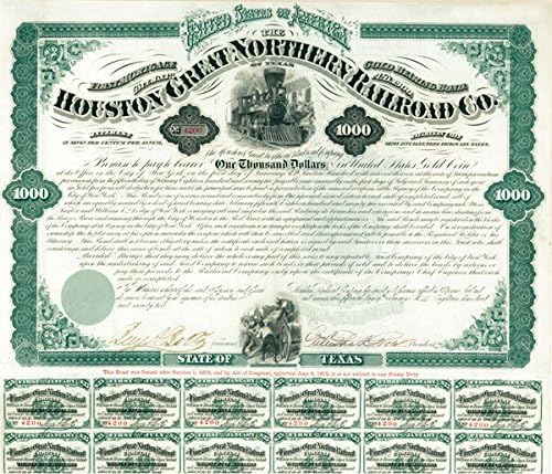 Houston ve Büyük Kuzey Demiryolu A. Ş. - Galusha Aaron Grow tarafından imzalanan 1.000 dolarlık Tahvil (Kansız)