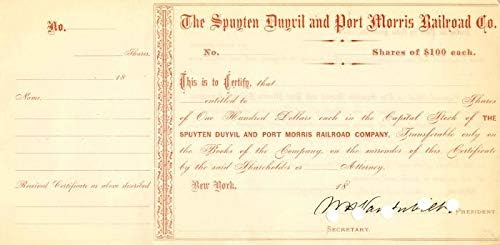 Spuyten Duyvil ve Port Morris Demiryolu A. Ş. wm tarafından imzalandı. H. Vanderbilt - Stok Sertifikası