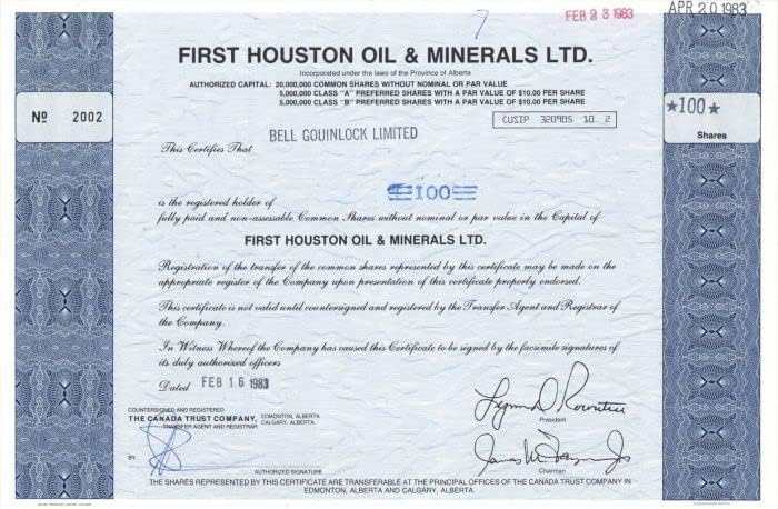 İlk Houston Petrol ve Mineraller Ltd. - Stok Sertifikası