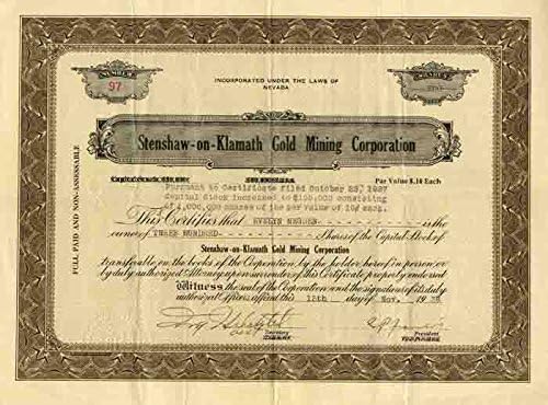 Stenshaw - on-Klamath Altın Madenciliği Şirketi - Hisse Senedi Sertifikası