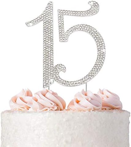 15 Kek Topper - Premium Gümüş Metal-15. Doğum Günü veya Yıldönümü Partisi-Işıltılı Elmas Taklidi Quinceanera Kek Topper Dekorasyonu