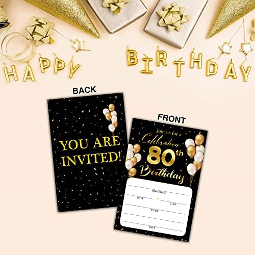 zarflı 80. Doğum Günü Davetiye Kartları - Klasik Altın Tema Boş Doğum Günü Partisi Davetiye Kartlarını Doldurun, Erkek, Kadın